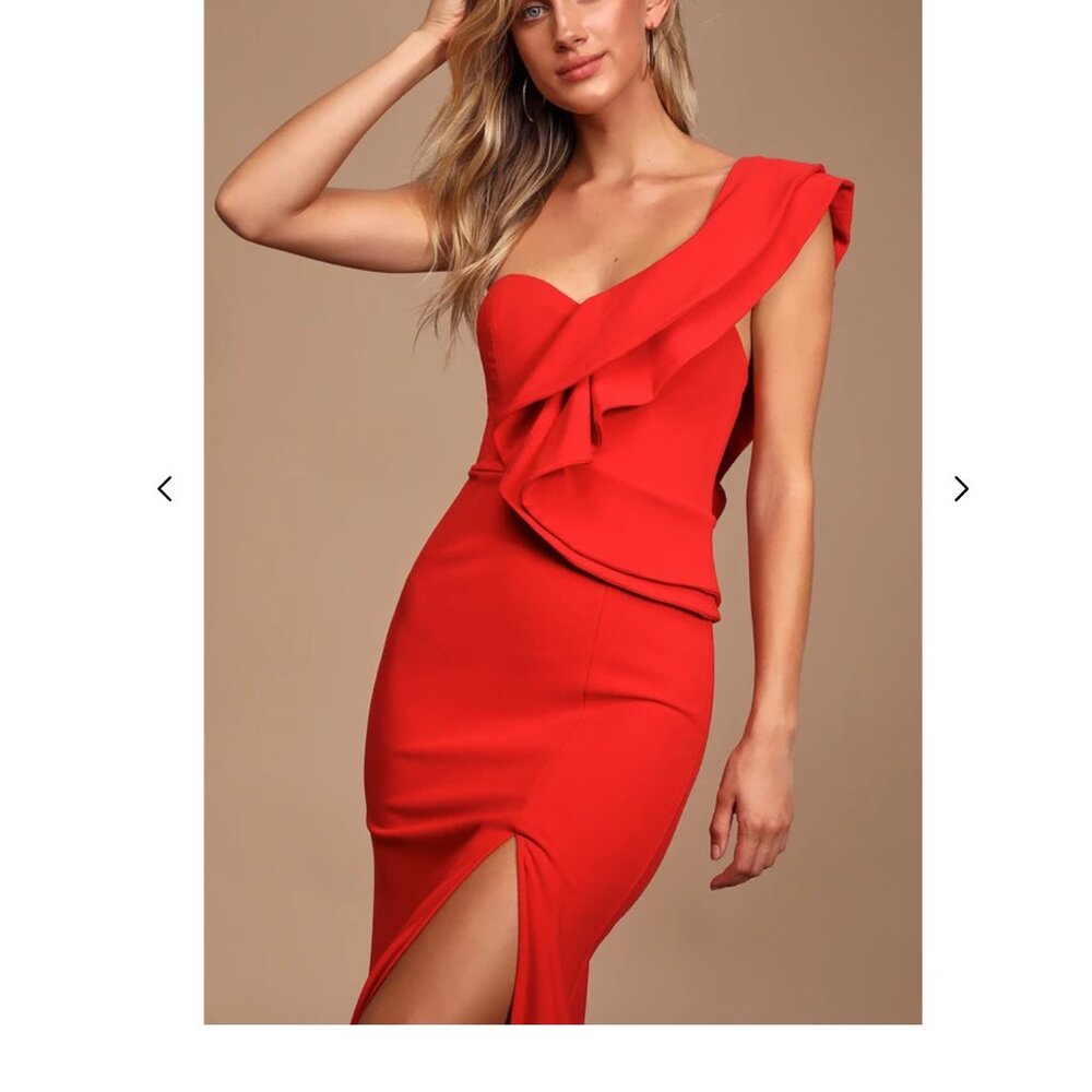 Lulu's Scarlet One-Shoulder Ruffle Maxi Dress with High Slit